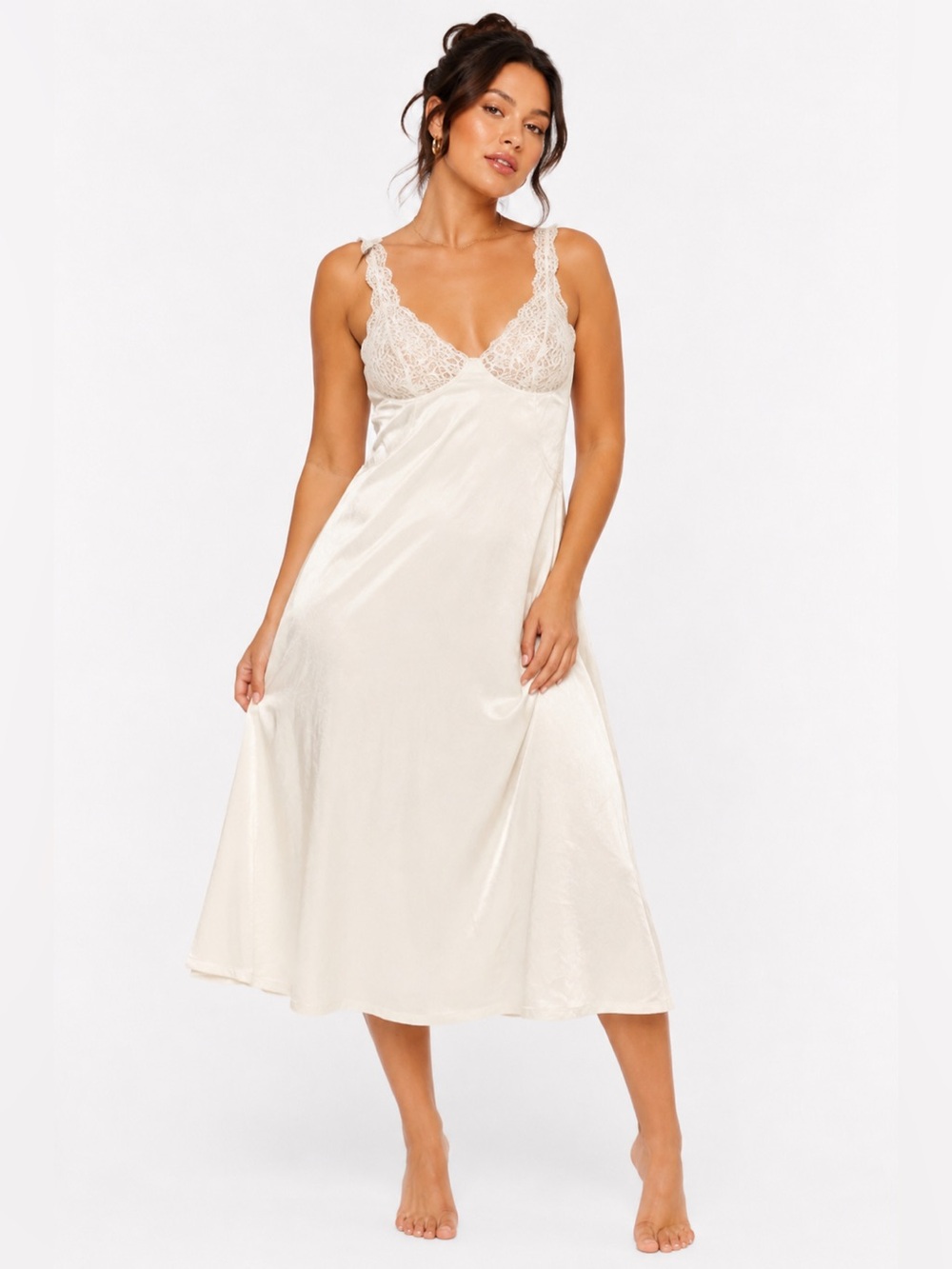 70s/80s European Vintage Triumph Silky Lace Cups Midi Slip Dress (Ivory) Size M